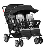 The Compass Quad Four Child Stroller is available in red, teal, black, and lime
