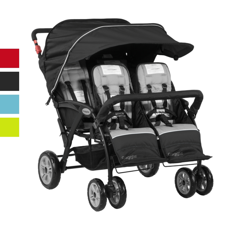 The Compass Quad Four Child Stroller is available in red, teal, black, and lime