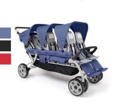 The Jamboree six child stroller is available in navy, black, and red.
