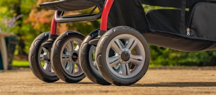 The Compass Trio Triple Stroller is Outfitted with shock-absorbing tires.